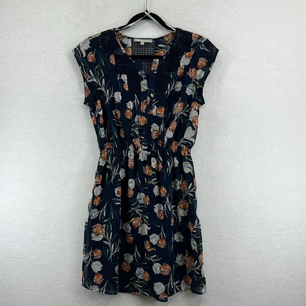 Daniel Rainn Dress Size S Navy Gray Rust Lined Cap Sleeves Elastic Waist EUC